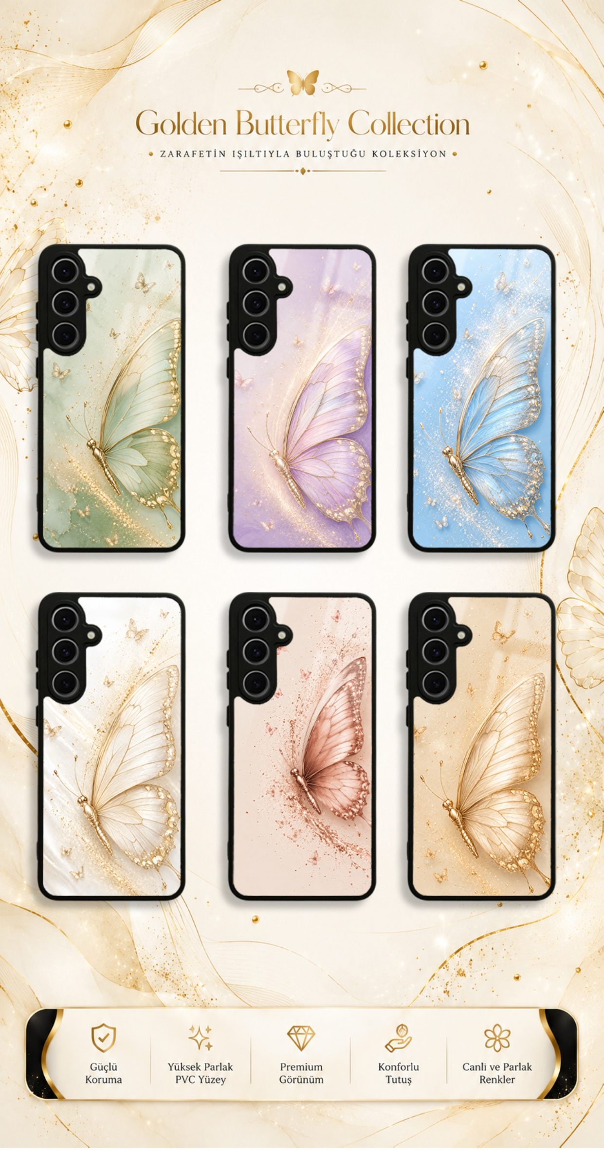 Golden Butterfly koleksiyonundaki telefon kılıfı tasarımları