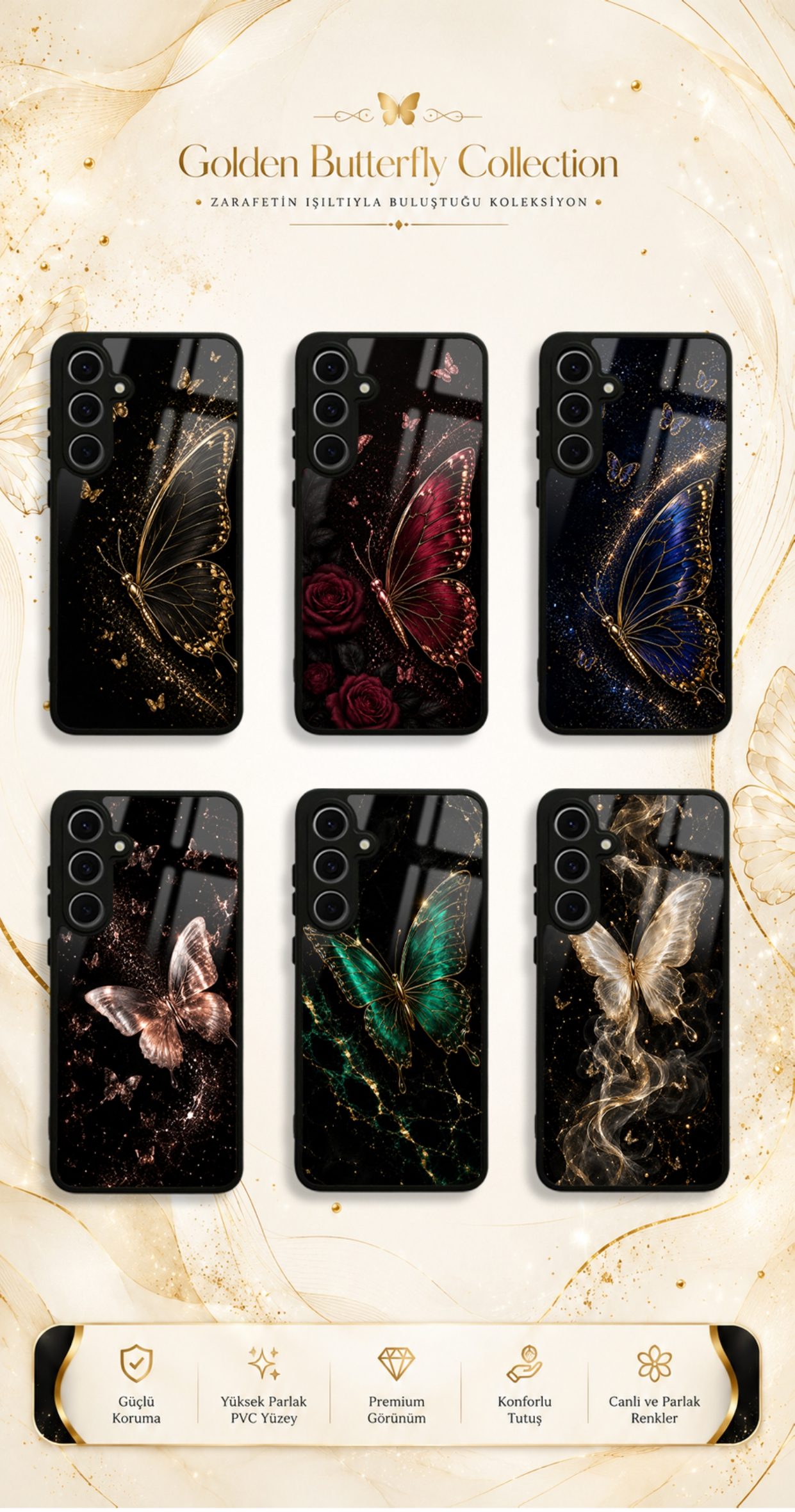 Golden Butterfly koleksiyonundaki telefon kılıfı tasarımları