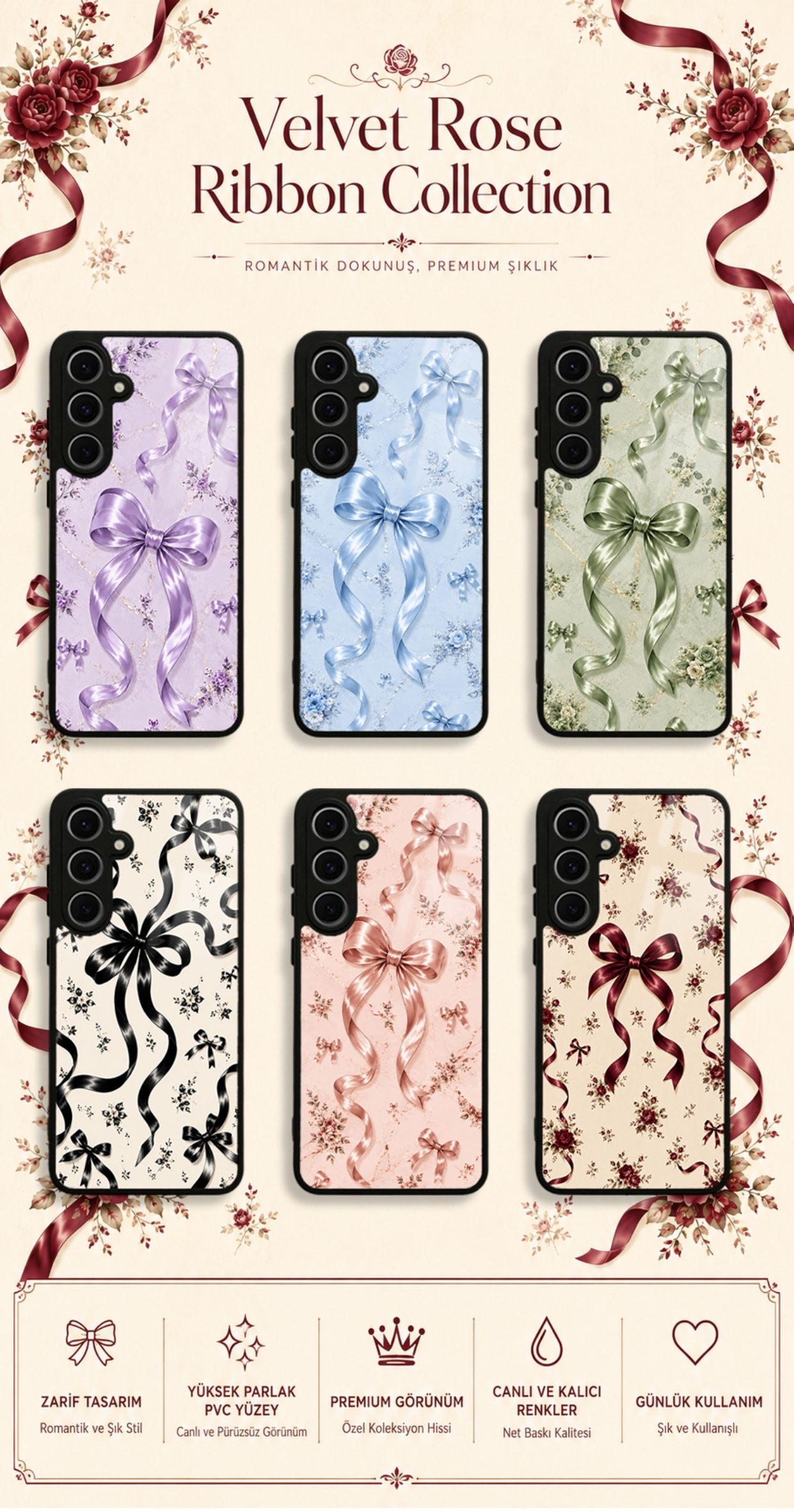 Velvet Rose Ribbon koleksiyonundaki telefon kılıfı tasarımları