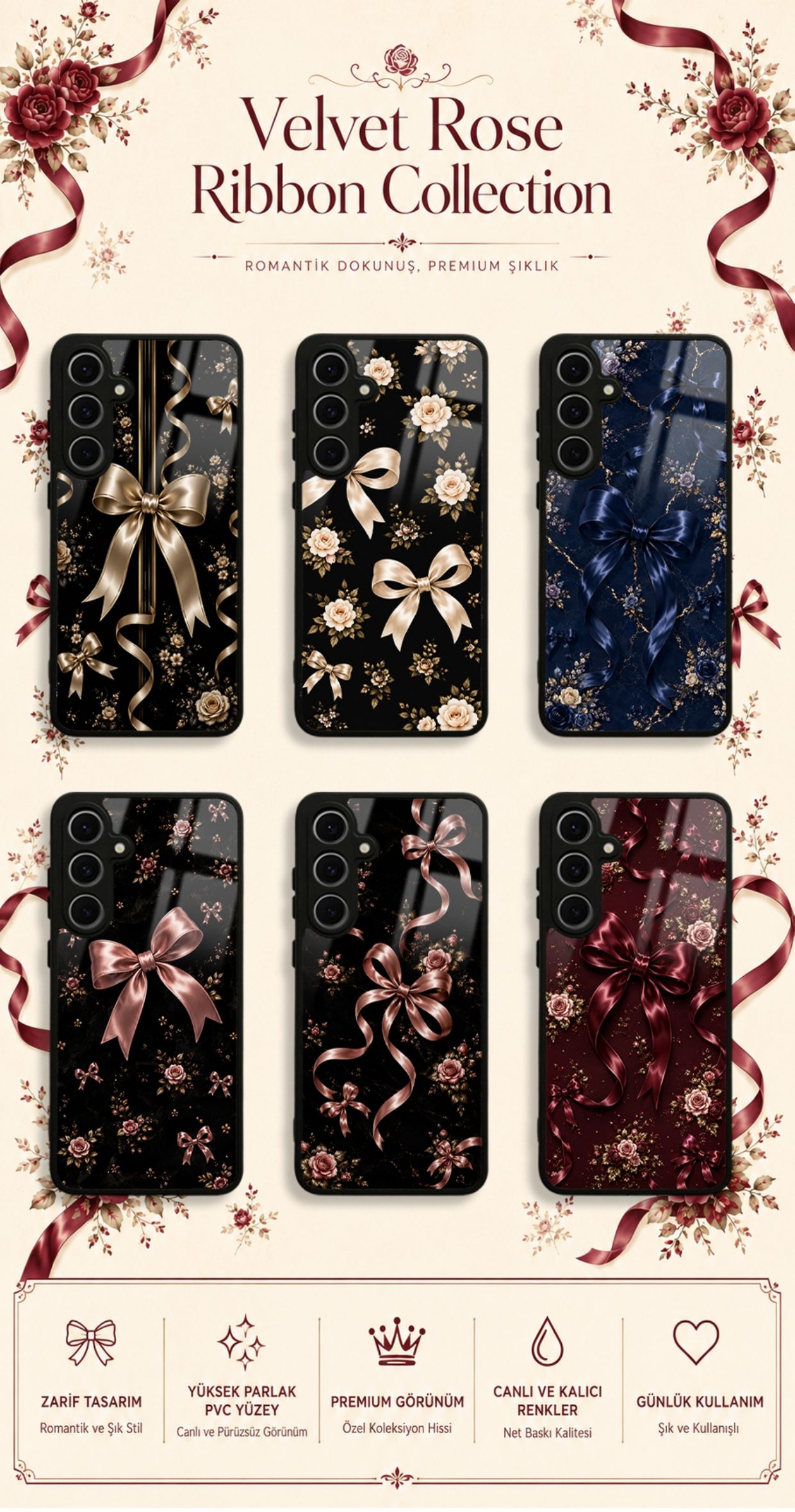 Velvet Rose Ribbon koleksiyonundaki telefon kılıfı tasarımları
