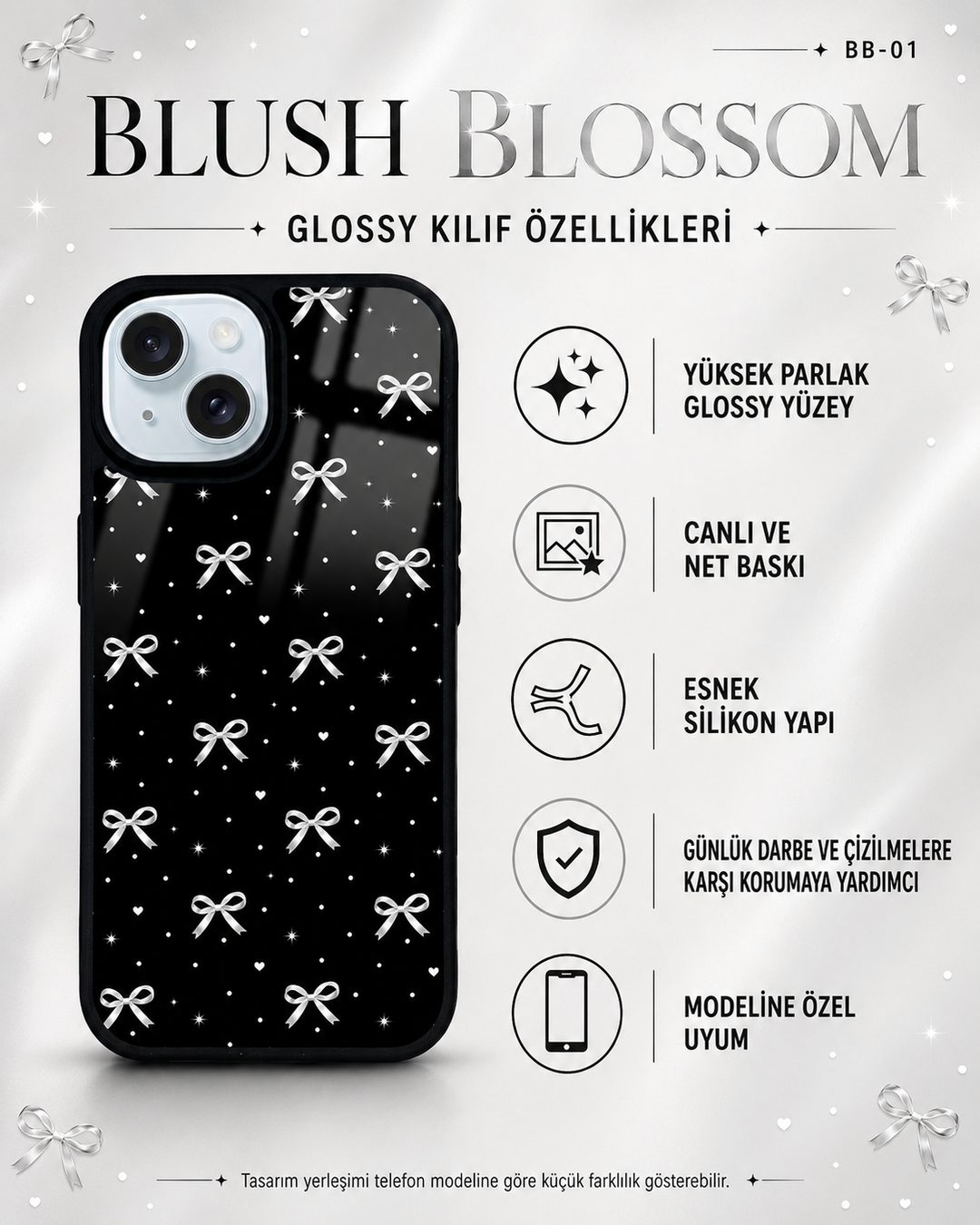 Beyaz Fiyonk desenli telefon kılıfı özellikleri