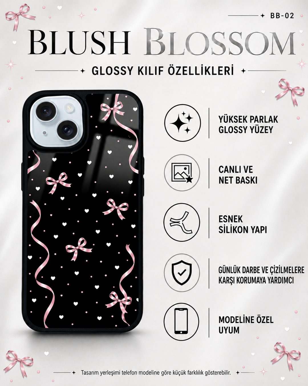 Pembe Fiyonk desenli telefon kılıfı özellikleri