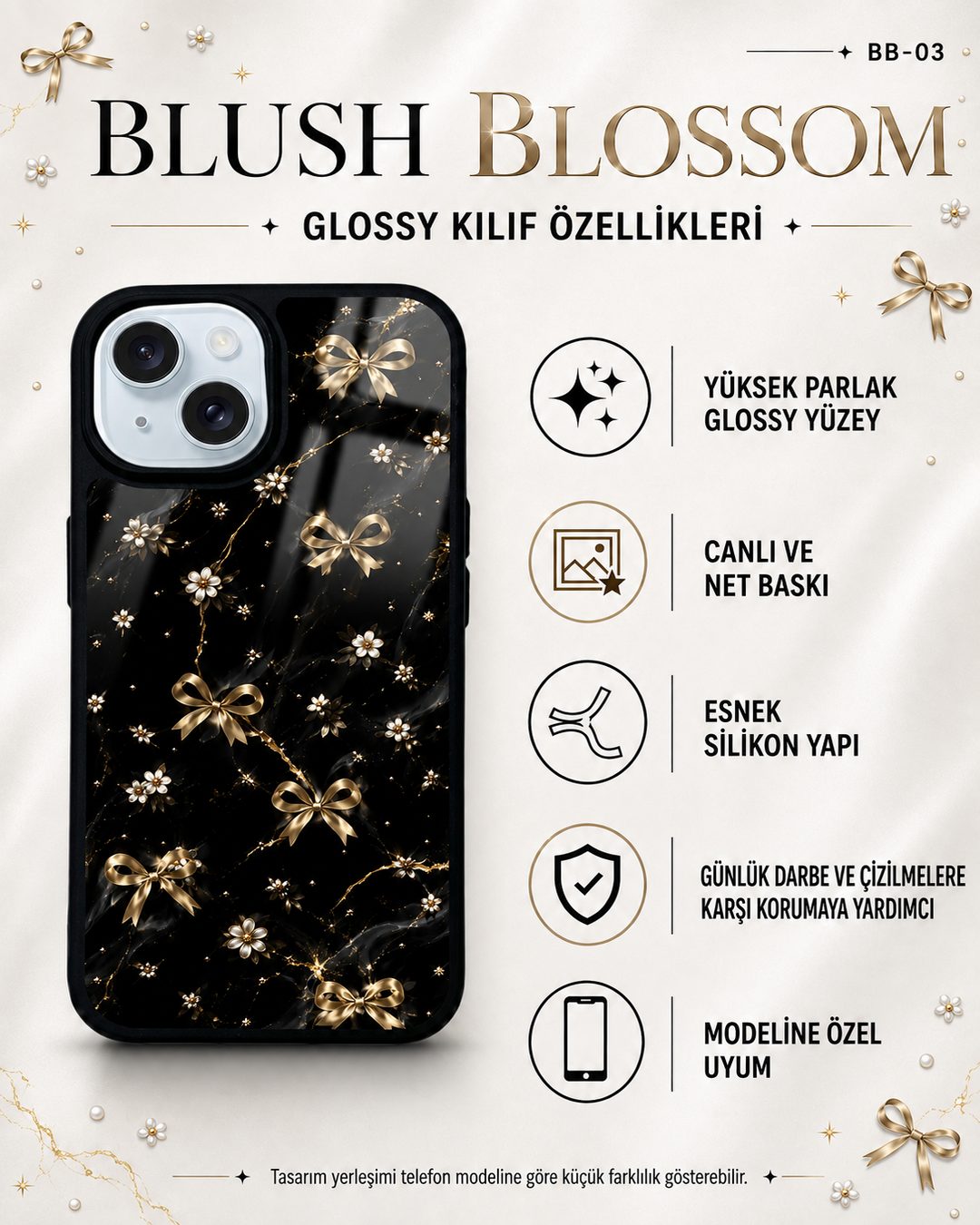 Altın Fiyonk desenli telefon kılıfı özellikleri