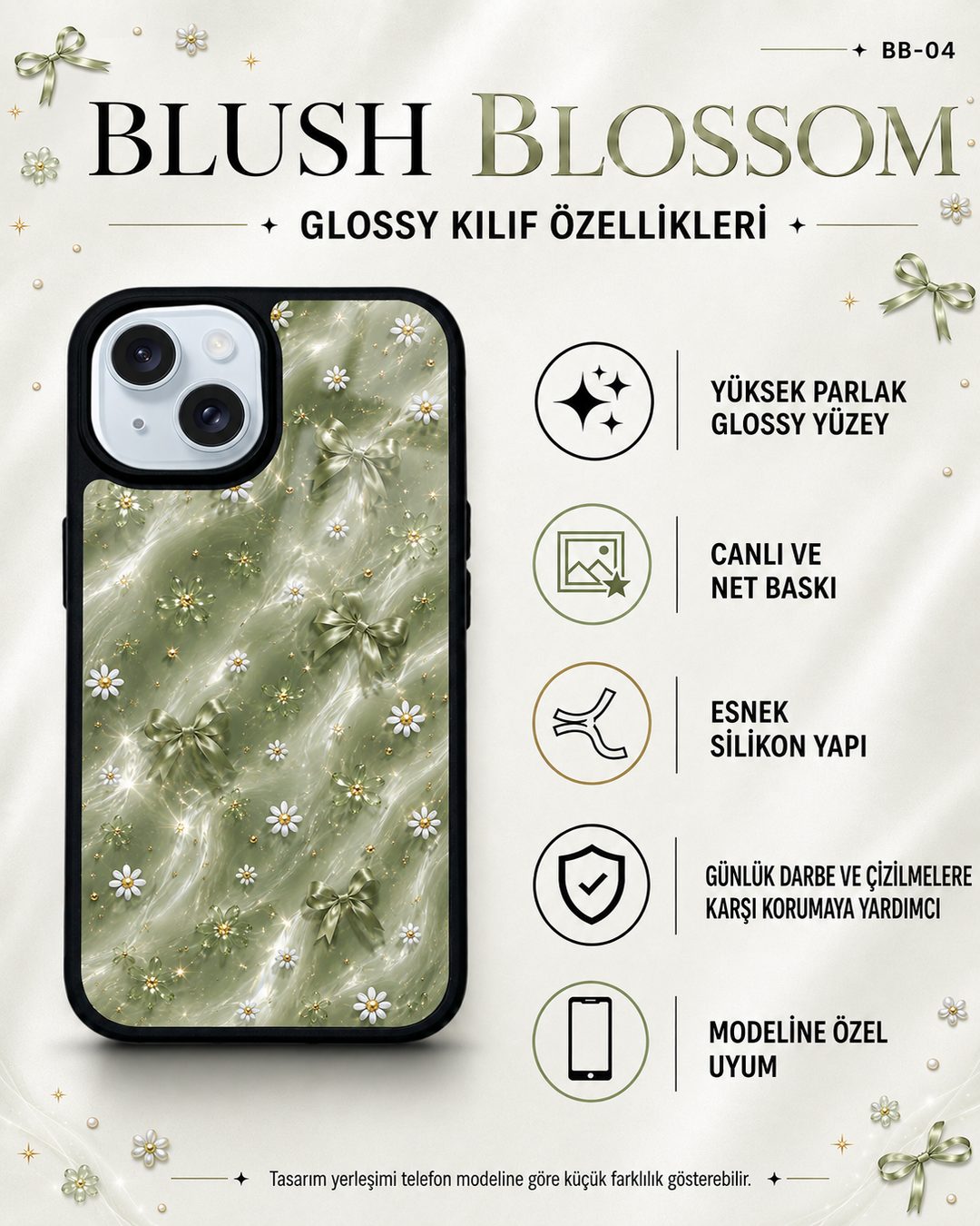 Yeşil Fiyonk desenli telefon kılıfı özellikleri