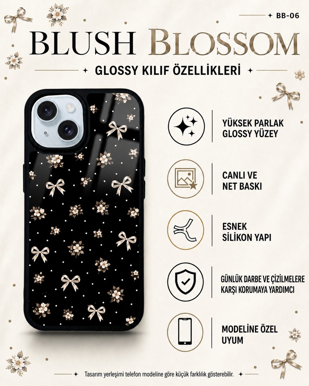 Krem Fiyonk desenli telefon kılıfı özellikleri