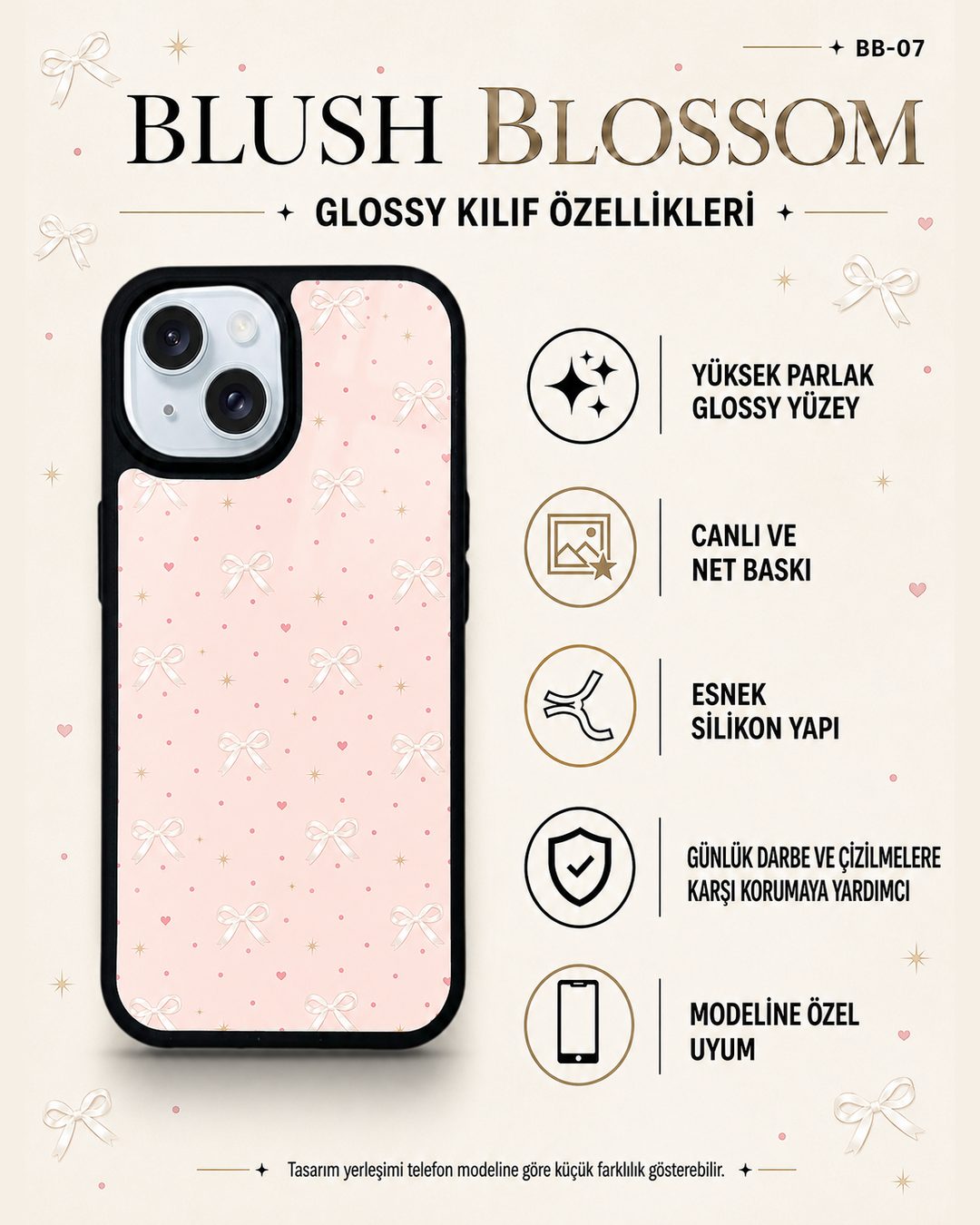 Pudra Fiyonk desenli telefon kılıfı özellikleri