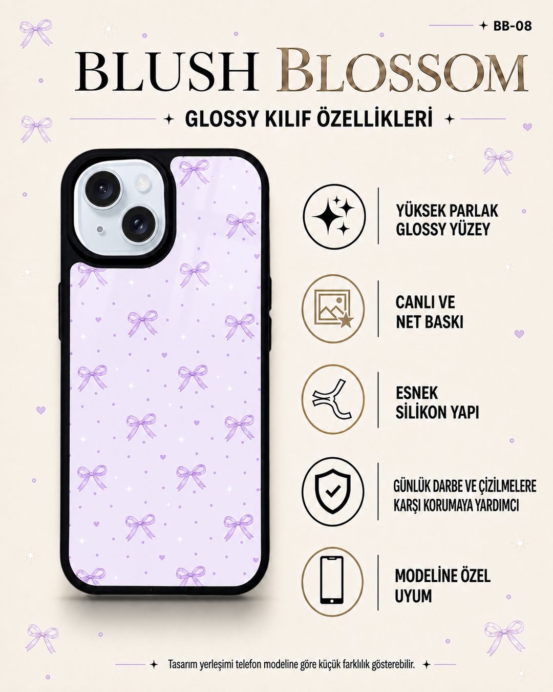 Lila Fiyonk desenli telefon kılıfı özellikleri