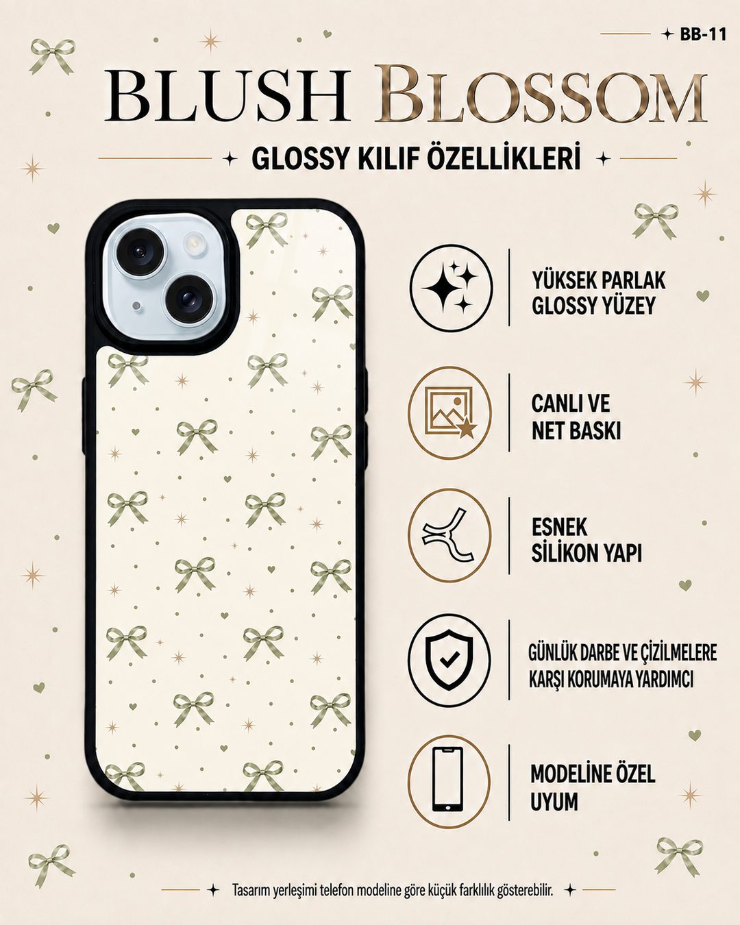 Fildişi Fiyonk desenli telefon kılıfı özellikleri
