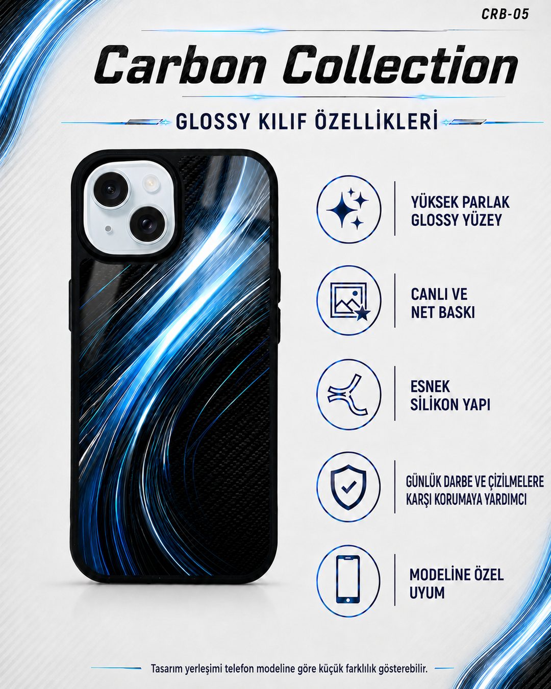 Buzul Mavisi karbon şeritli telefon kılıfı özellikleri
