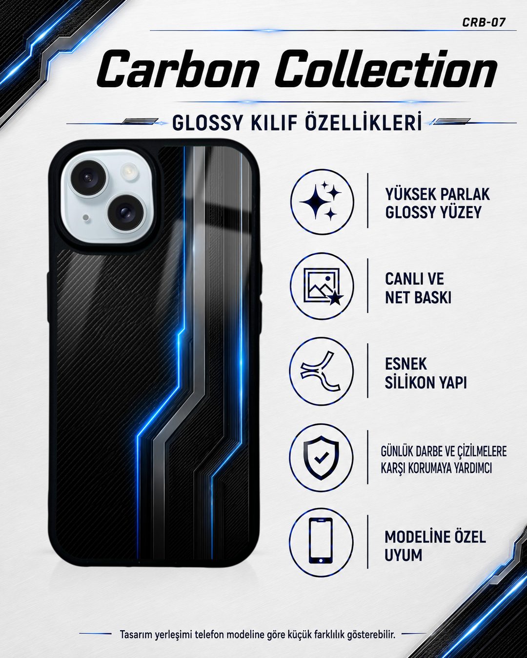 Gök Mavisi Karbon desenli telefon kılıfı özellikleri