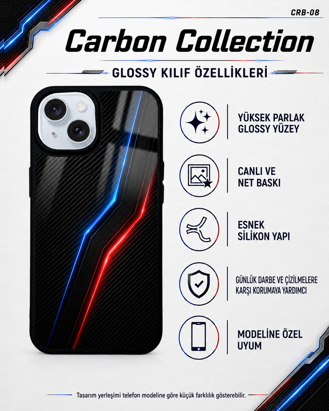 Kırmızı Gümüş Karbon desenli telefon kılıfı özellikleri