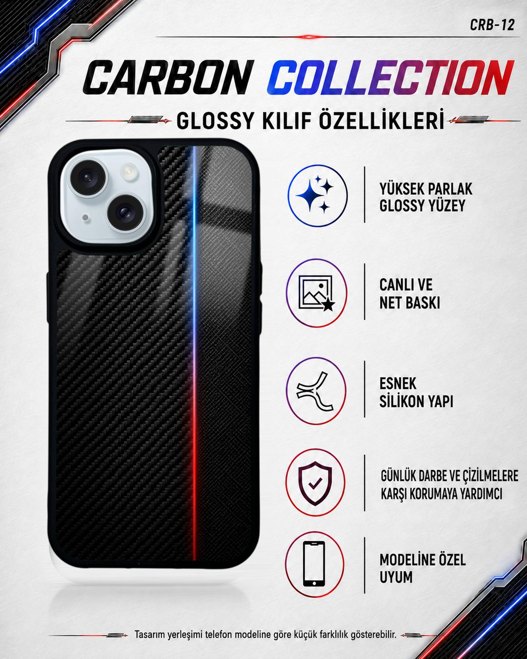 Mavi Kırmızı Karbon desenli telefon kılıfı özellikleri