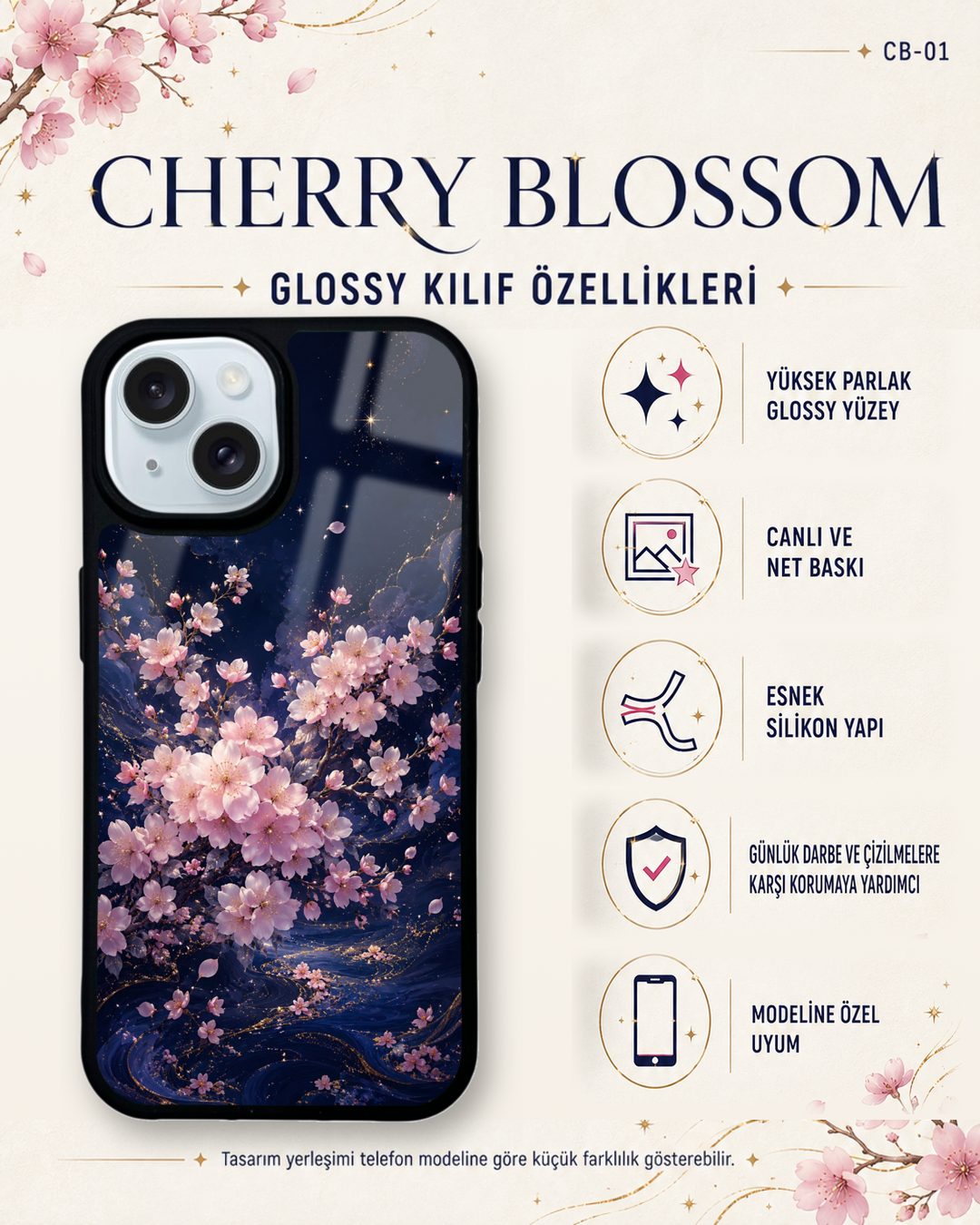 Lacivert Sakura desenli telefon kılıfı özellikleri