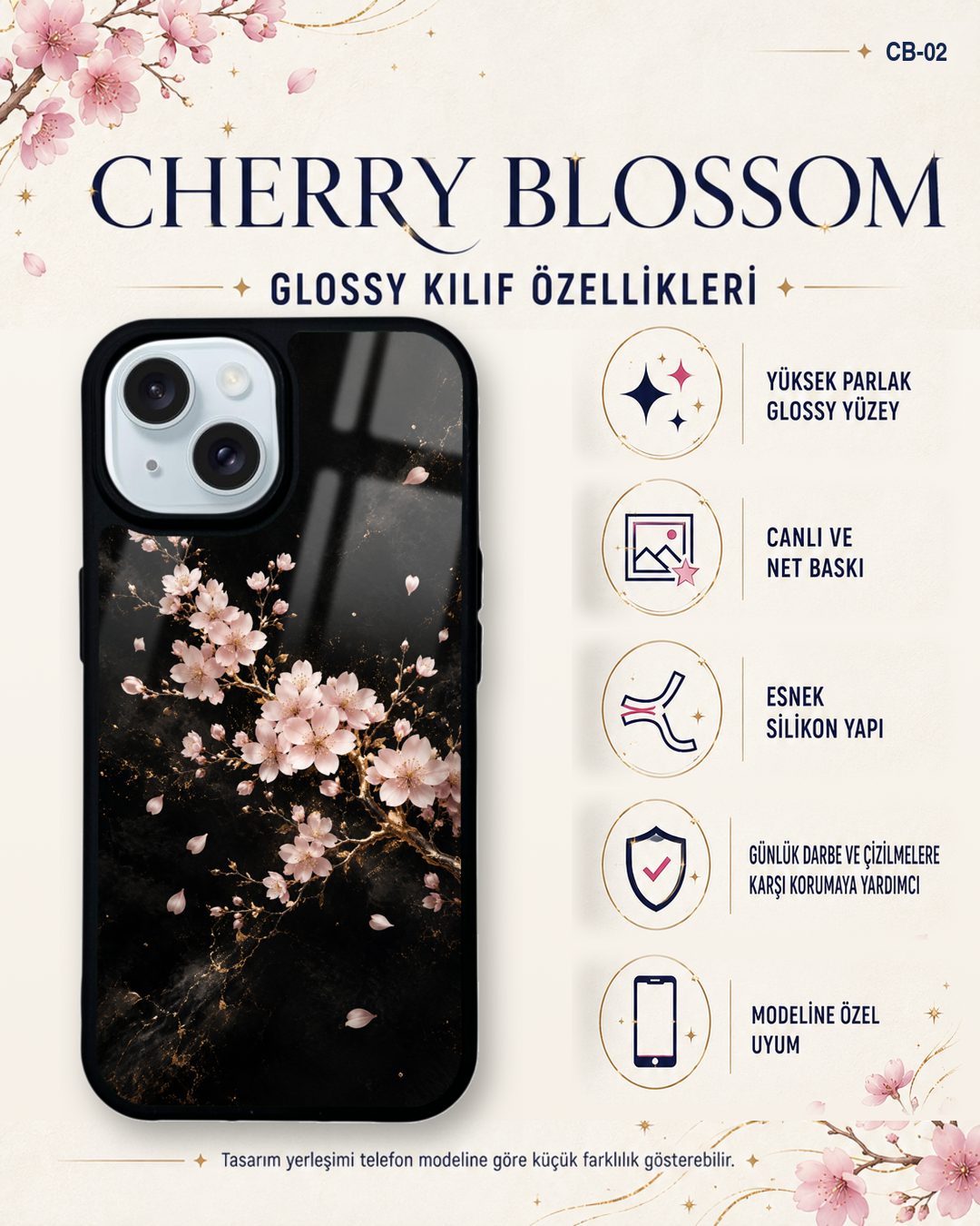 Beyaz Sakura desenli telefon kılıfı özellikleri