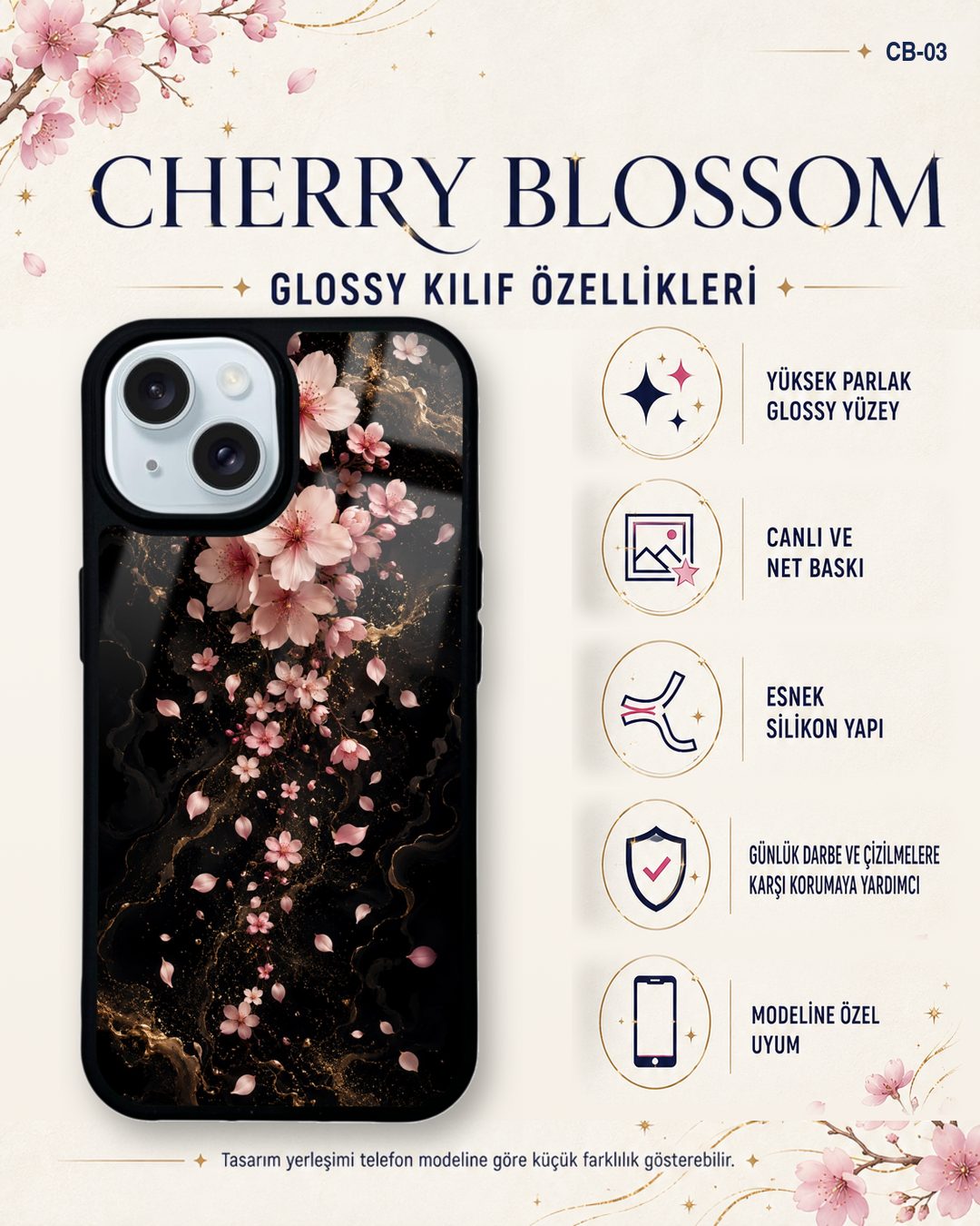Pembe Sakura desenli telefon kılıfı özellikleri