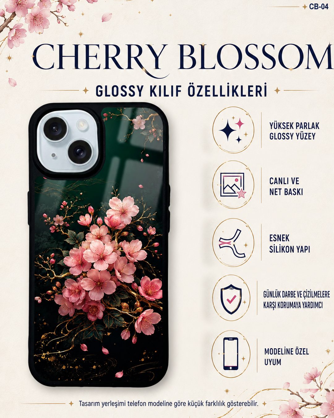 Yeşil Sakura desenli telefon kılıfı özellikleri