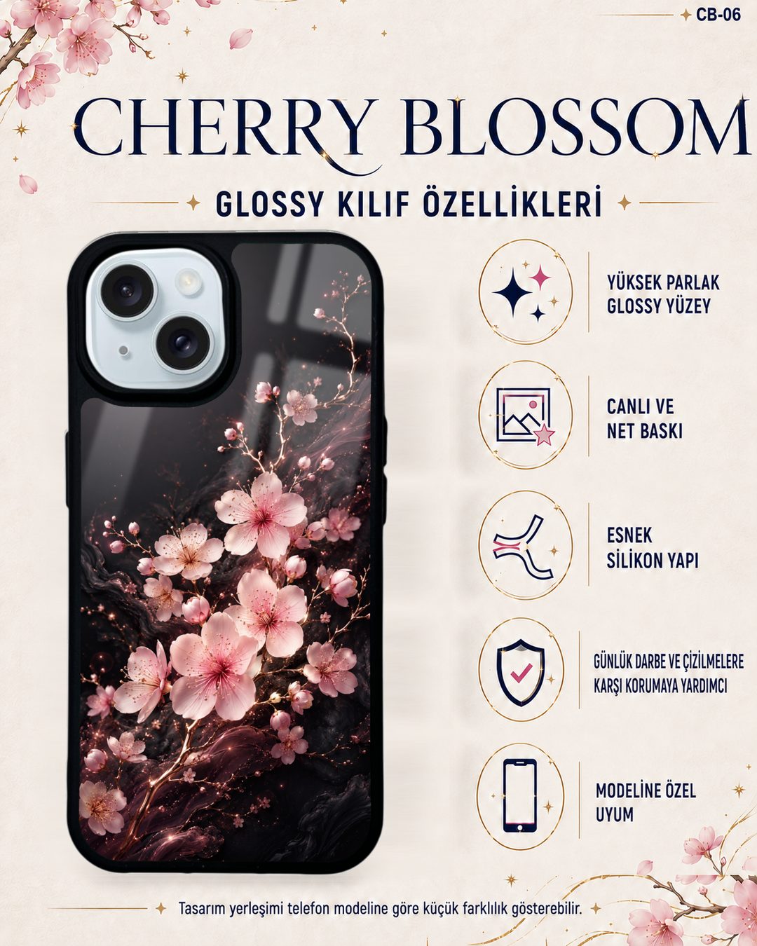Mürdüm Sakura desenli telefon kılıfı özellikleri