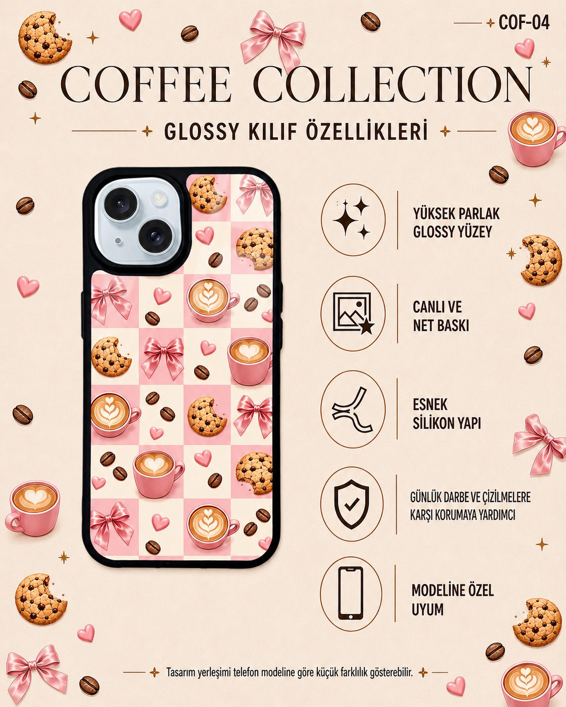 Pembe Latte kahve temalı telefon kılıfı özellikleri