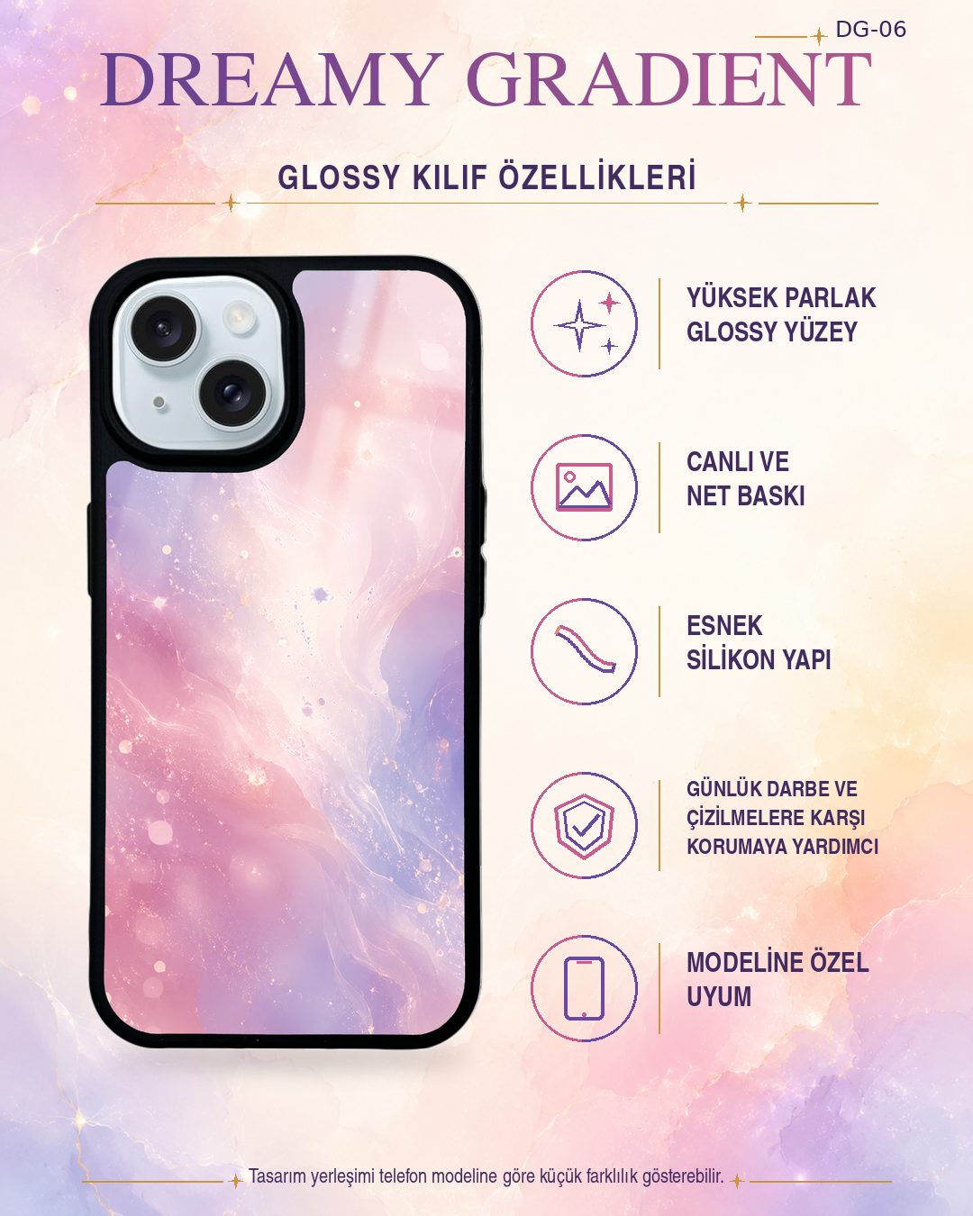 Lila Işıltı renk geçişli telefon kılıfı özellikleri