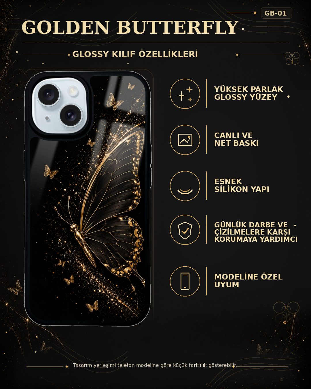 Altın Kelebek desenli telefon kılıfı özellikleri