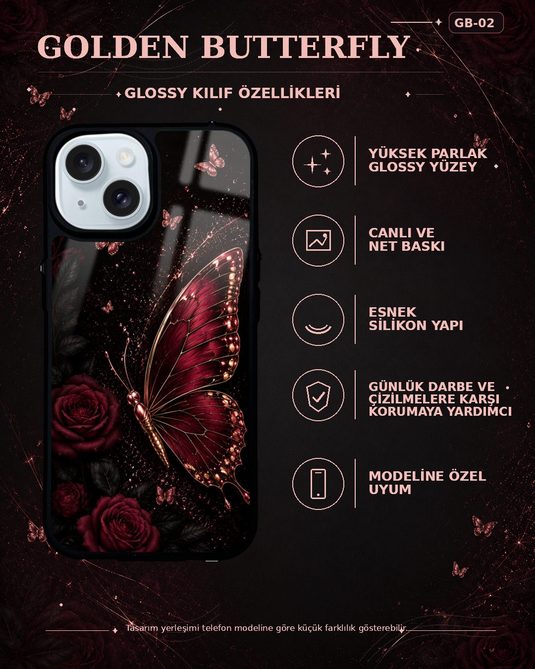 Bordo Kelebek desenli telefon kılıfı özellikleri