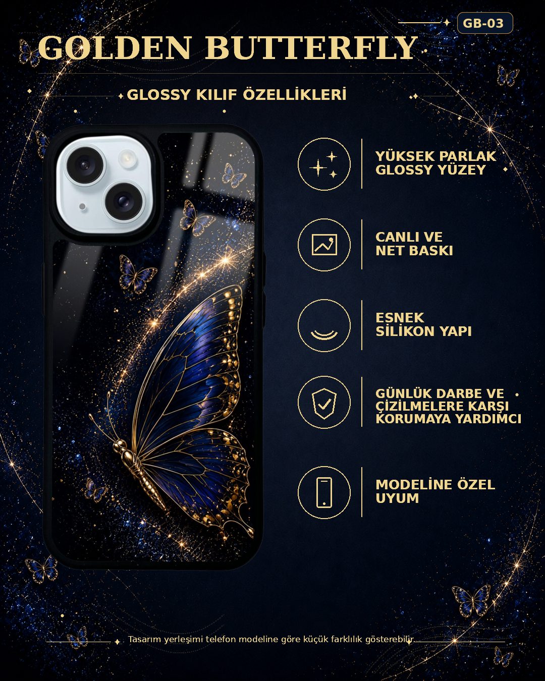 Safir Kelebek desenli telefon kılıfı özellikleri