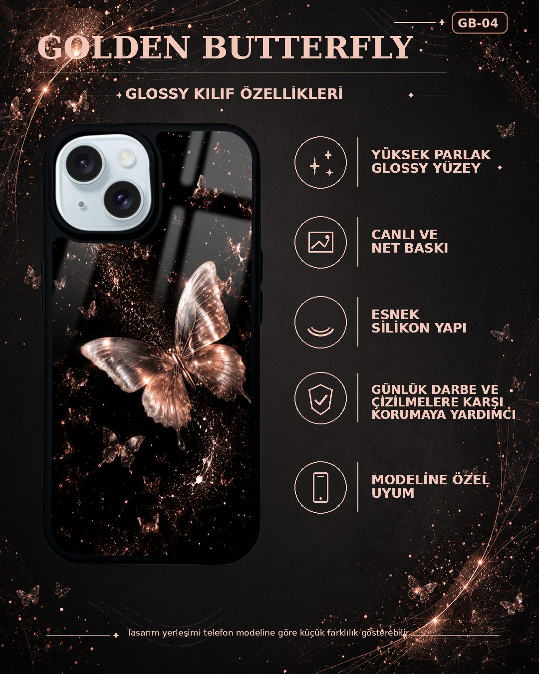 Bakır Kelebek desenli telefon kılıfı özellikleri
