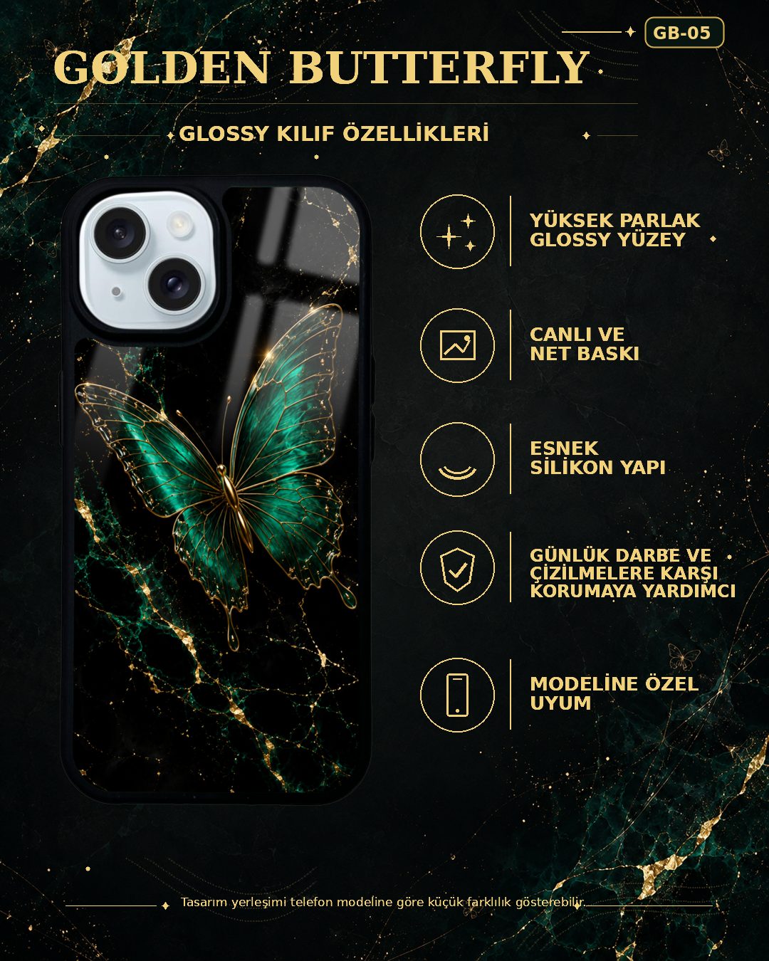Zümrüt Kelebek desenli telefon kılıfı özellikleri