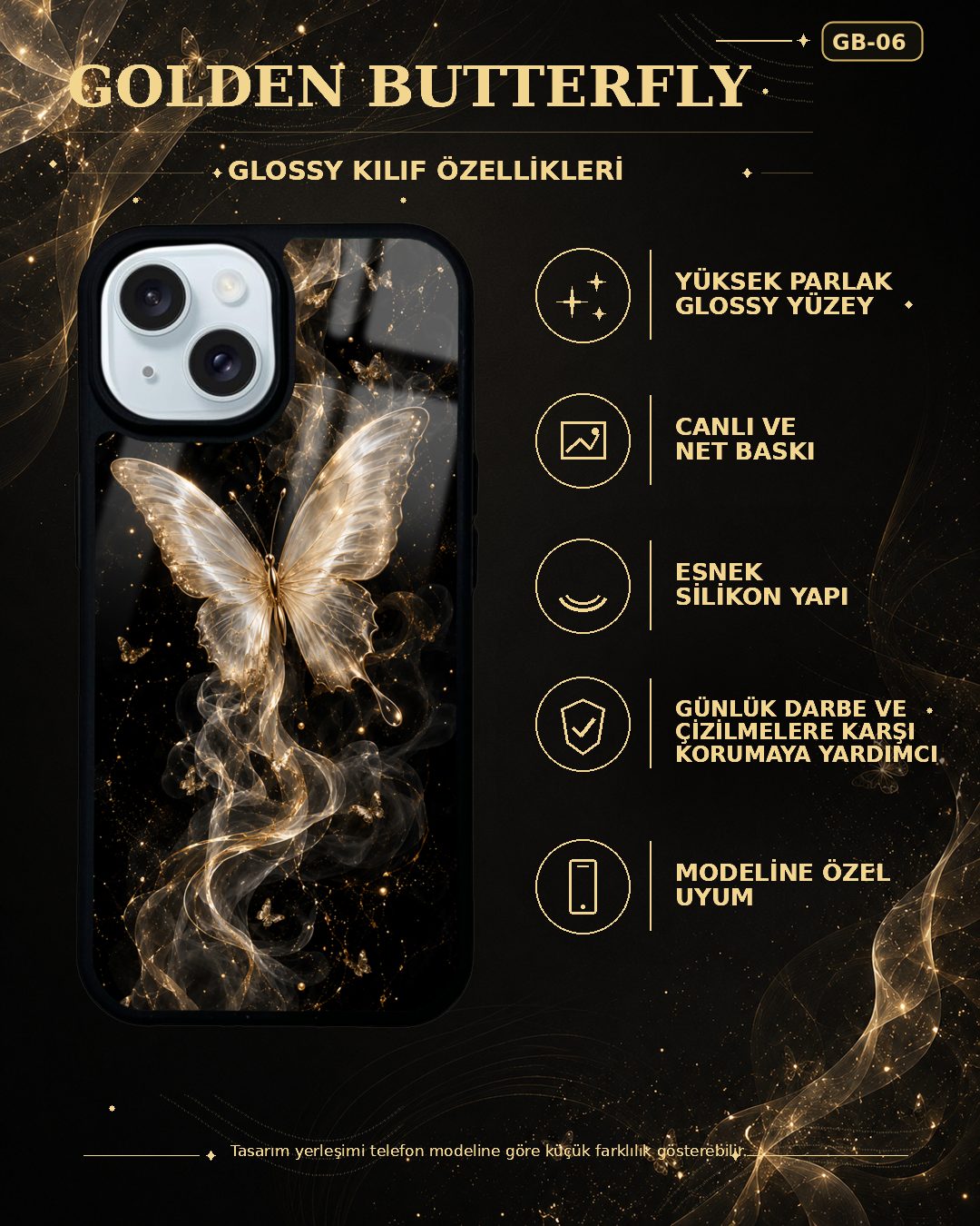 Beyaz Kelebek desenli telefon kılıfı özellikleri