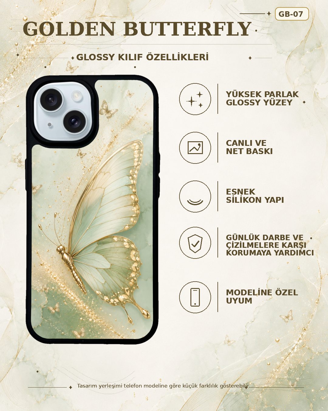 Yeşil Kelebek desenli telefon kılıfı özellikleri