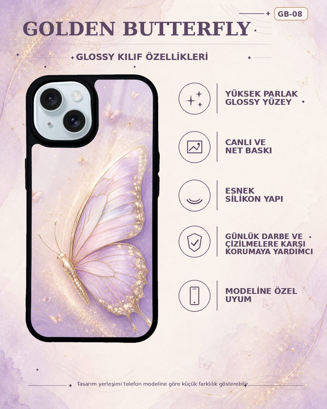 Lila Kelebek desenli telefon kılıfı özellikleri