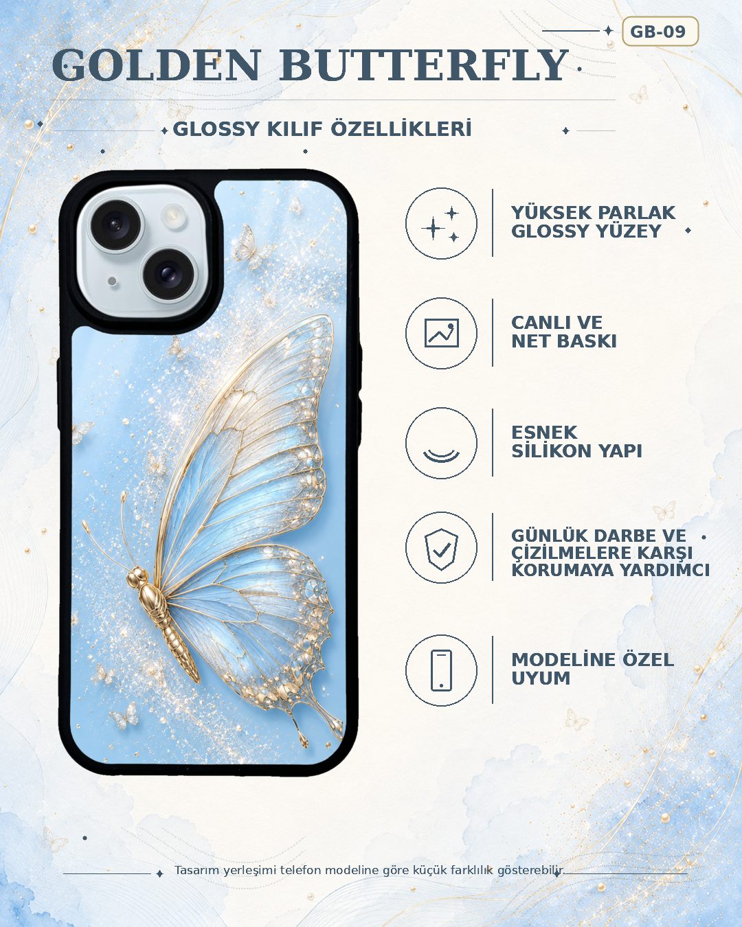Buz Mavisi Kelebek desenli telefon kılıfı özellikleri