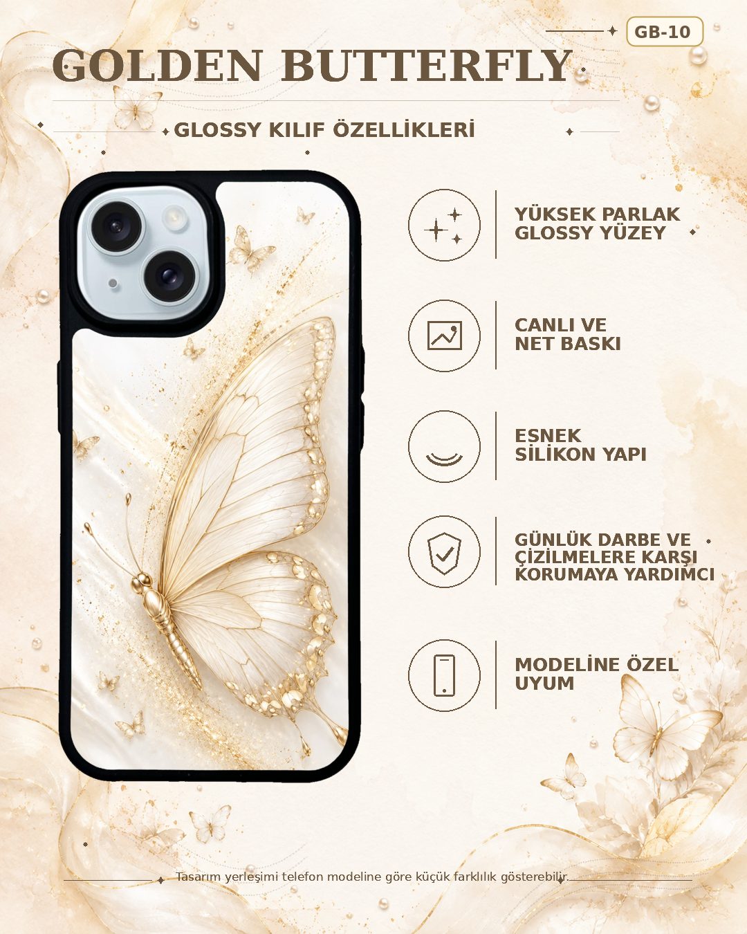 Sedef Kelebek desenli telefon kılıfı özellikleri