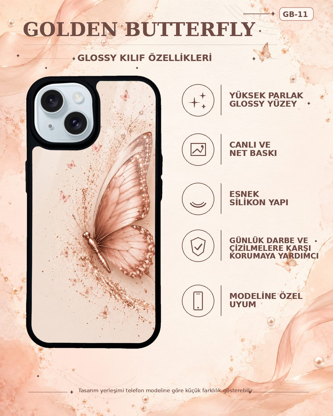 Pudra Kelebek desenli telefon kılıfı özellikleri