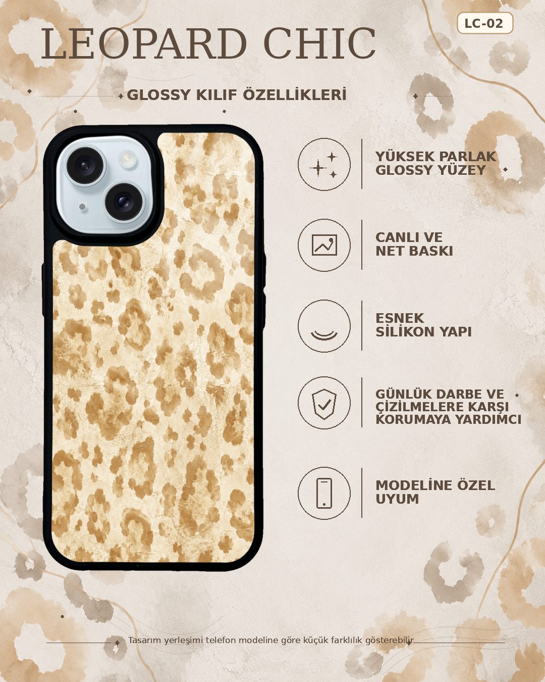 Krem Leopar desenli telefon kılıfı özellikleri