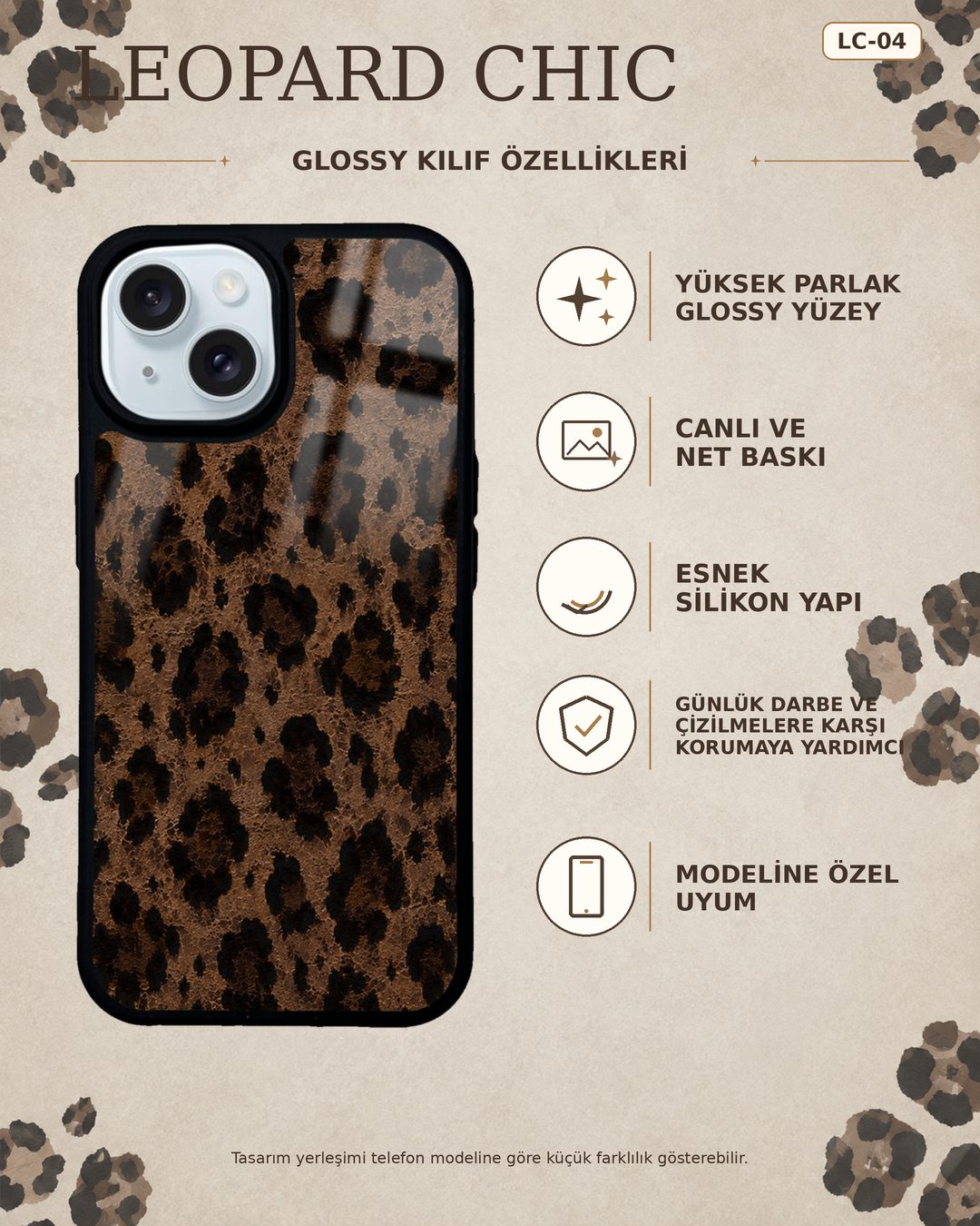 Koyu Kahve Leopar desenli telefon kılıfı özellikleri