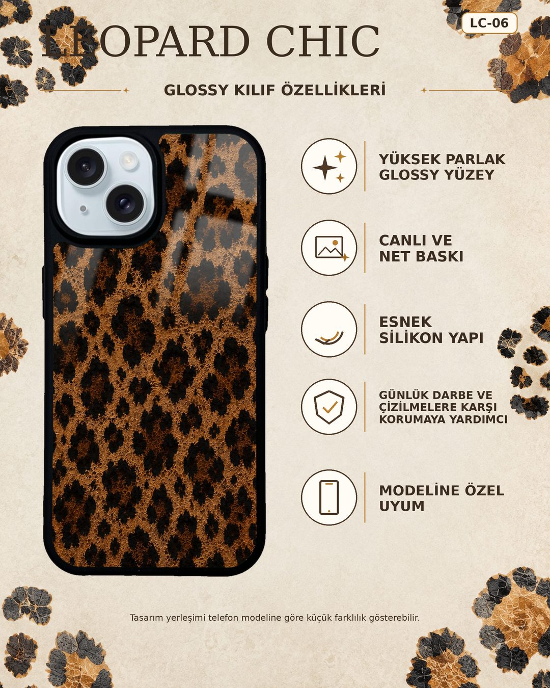 Kestane Leopar desenli telefon kılıfı özellikleri