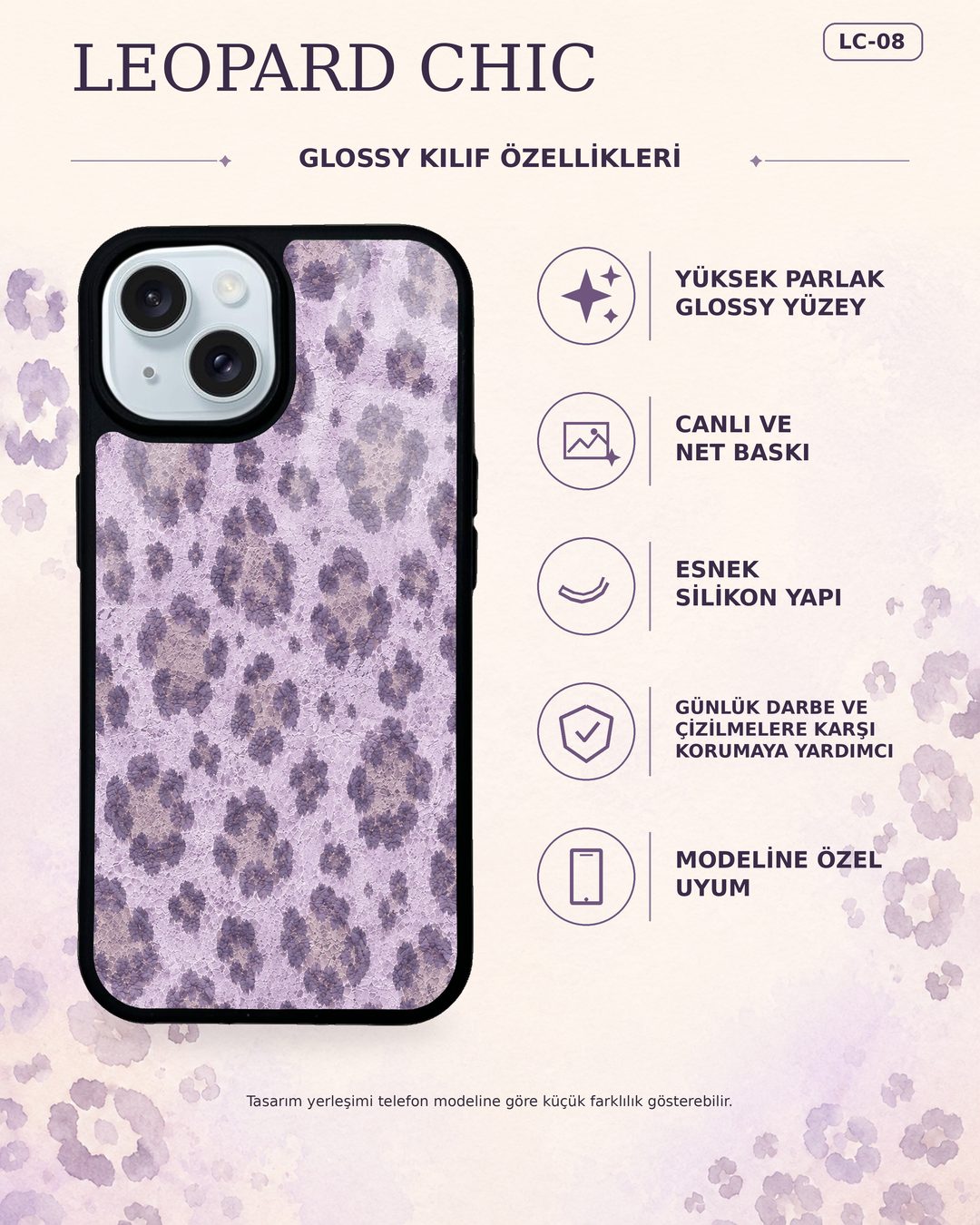 Lila Leopar desenli telefon kılıfı özellikleri