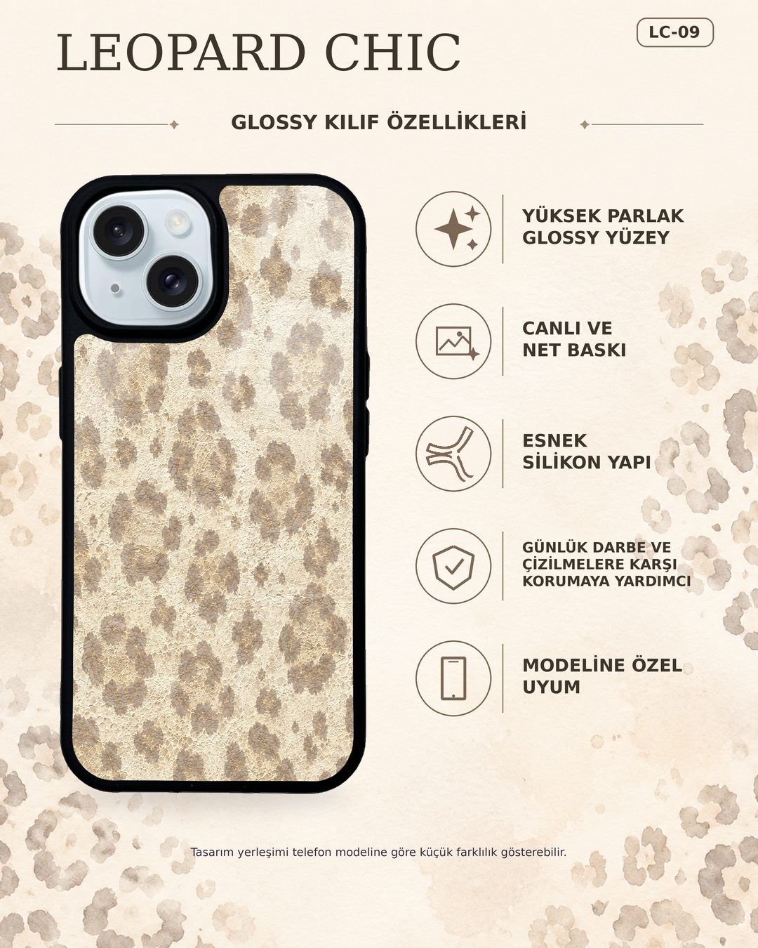 Bej Leopar desenli telefon kılıfı özellikleri