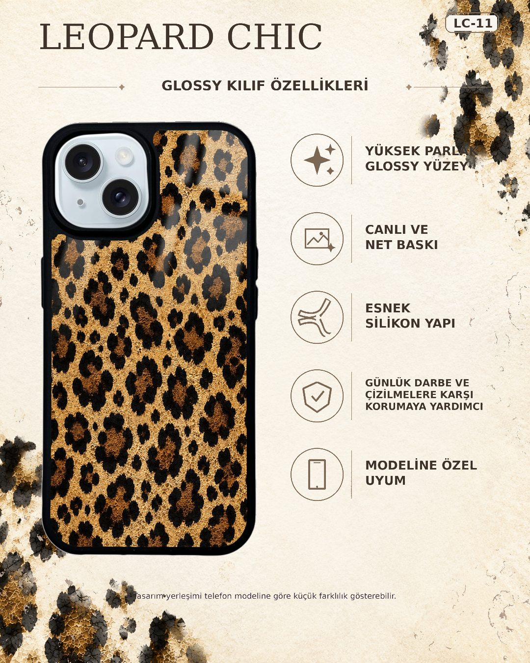 Altın Leopar desenli telefon kılıfı özellikleri
