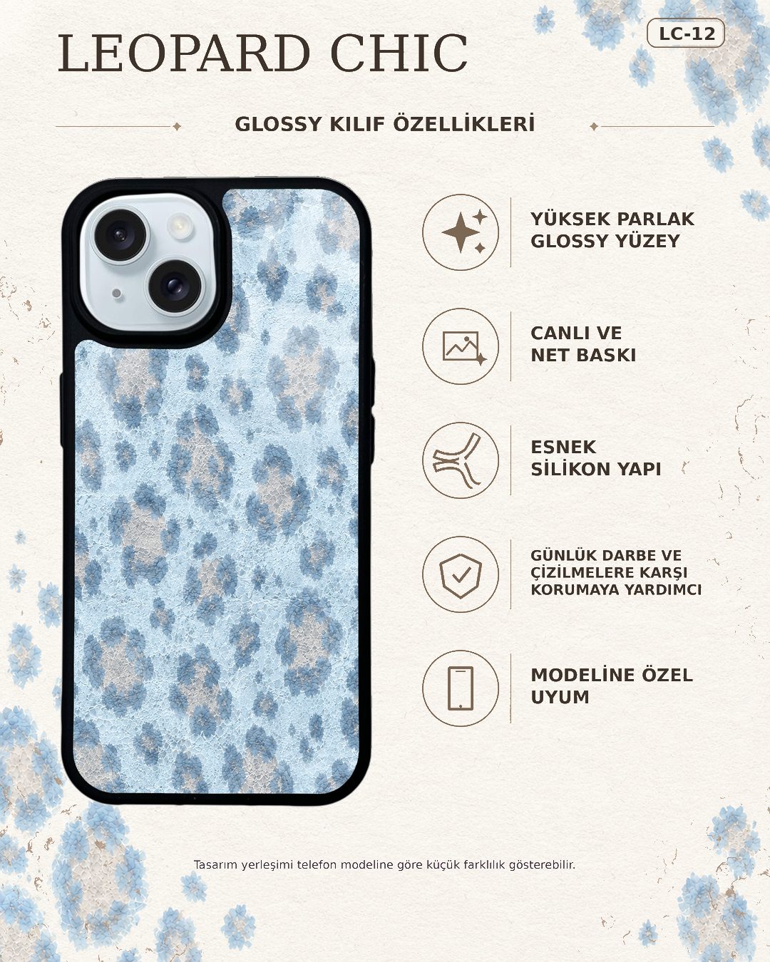 Buz Mavisi Leopar desenli telefon kılıfı özellikleri