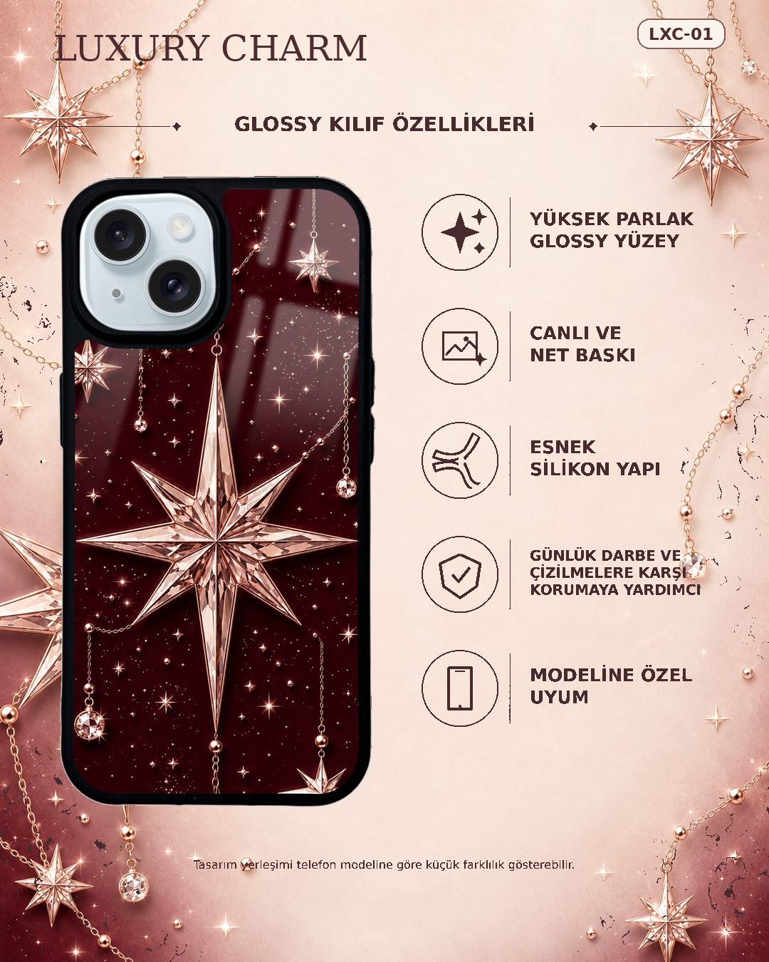 Bordo Yıldız takı desenli telefon kılıfı özellikleri