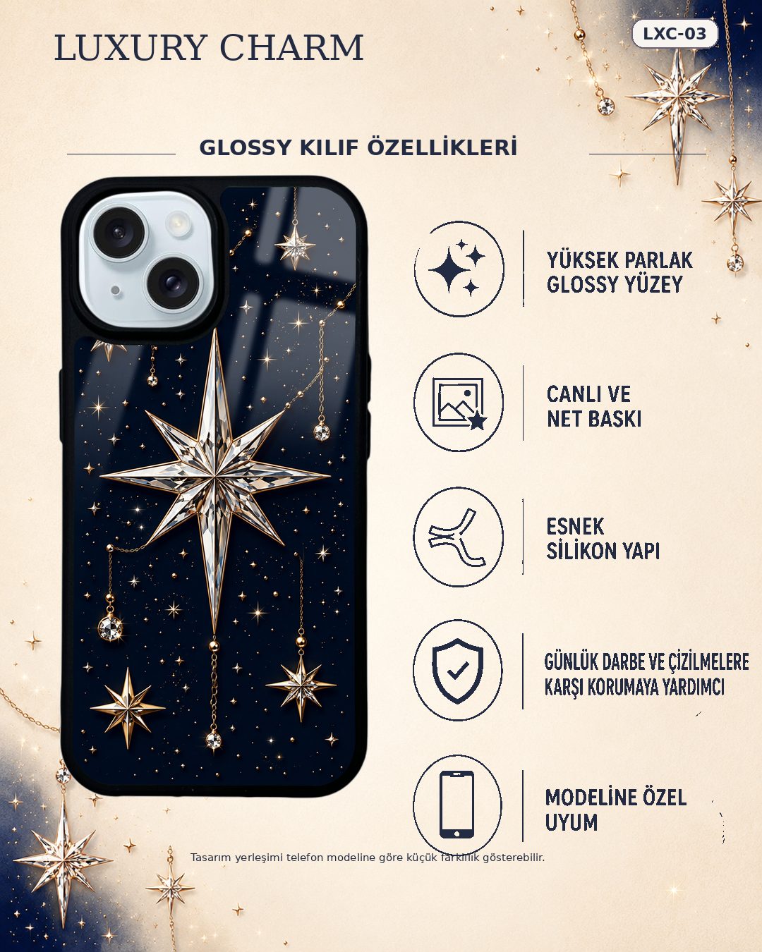 Lacivert Yıldız takı desenli telefon kılıfı özellikleri