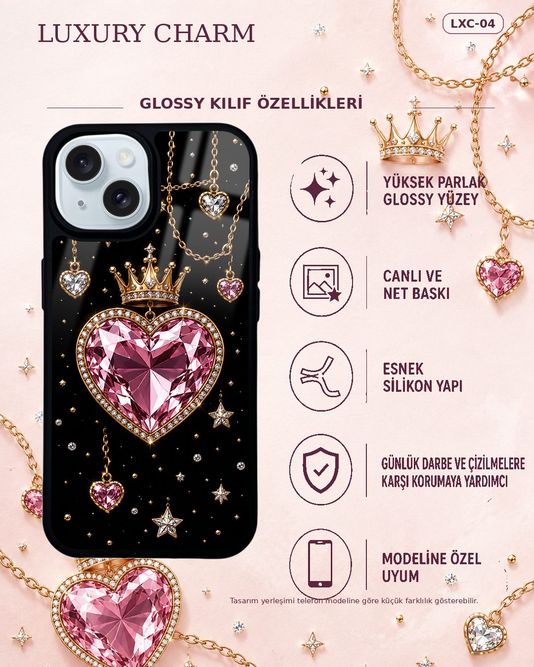 Pembe Kalp Kolye takı desenli telefon kılıfı özellikleri