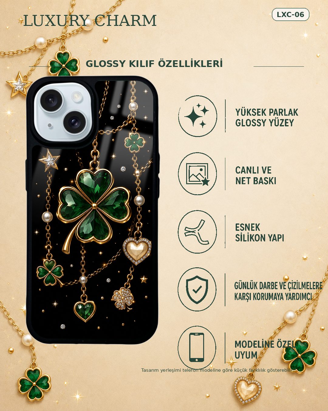 Yeşil Yonca Kolye takı desenli telefon kılıfı özellikleri