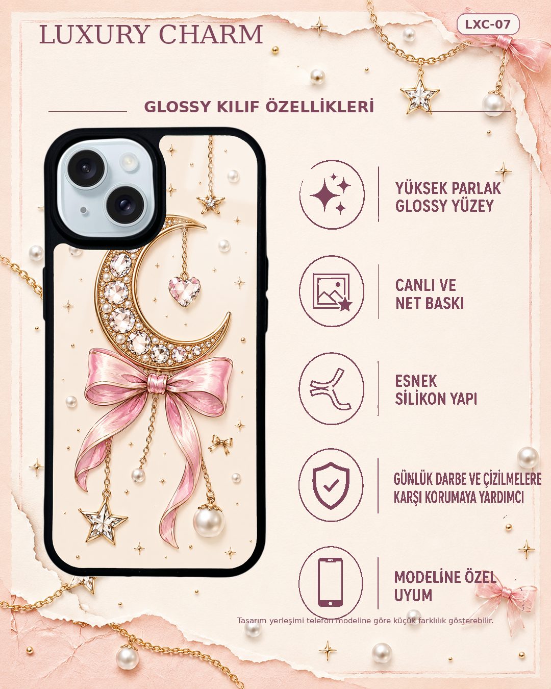 Krem Ay Fiyonk takı desenli telefon kılıfı özellikleri