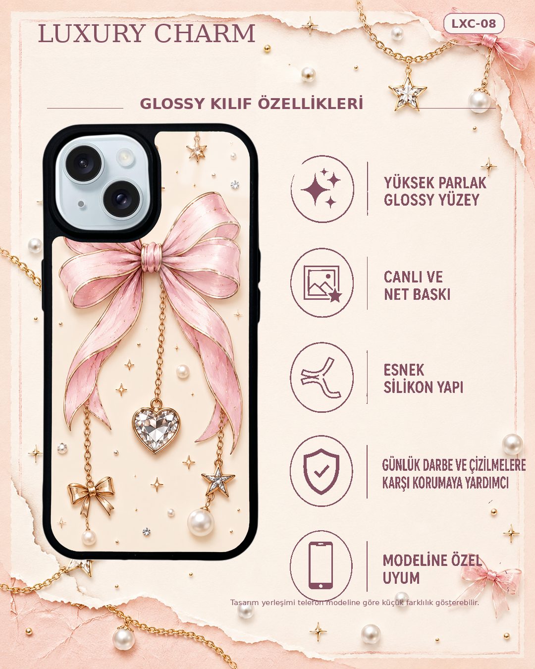 Krem Fiyonk Kolye takı desenli telefon kılıfı özellikleri