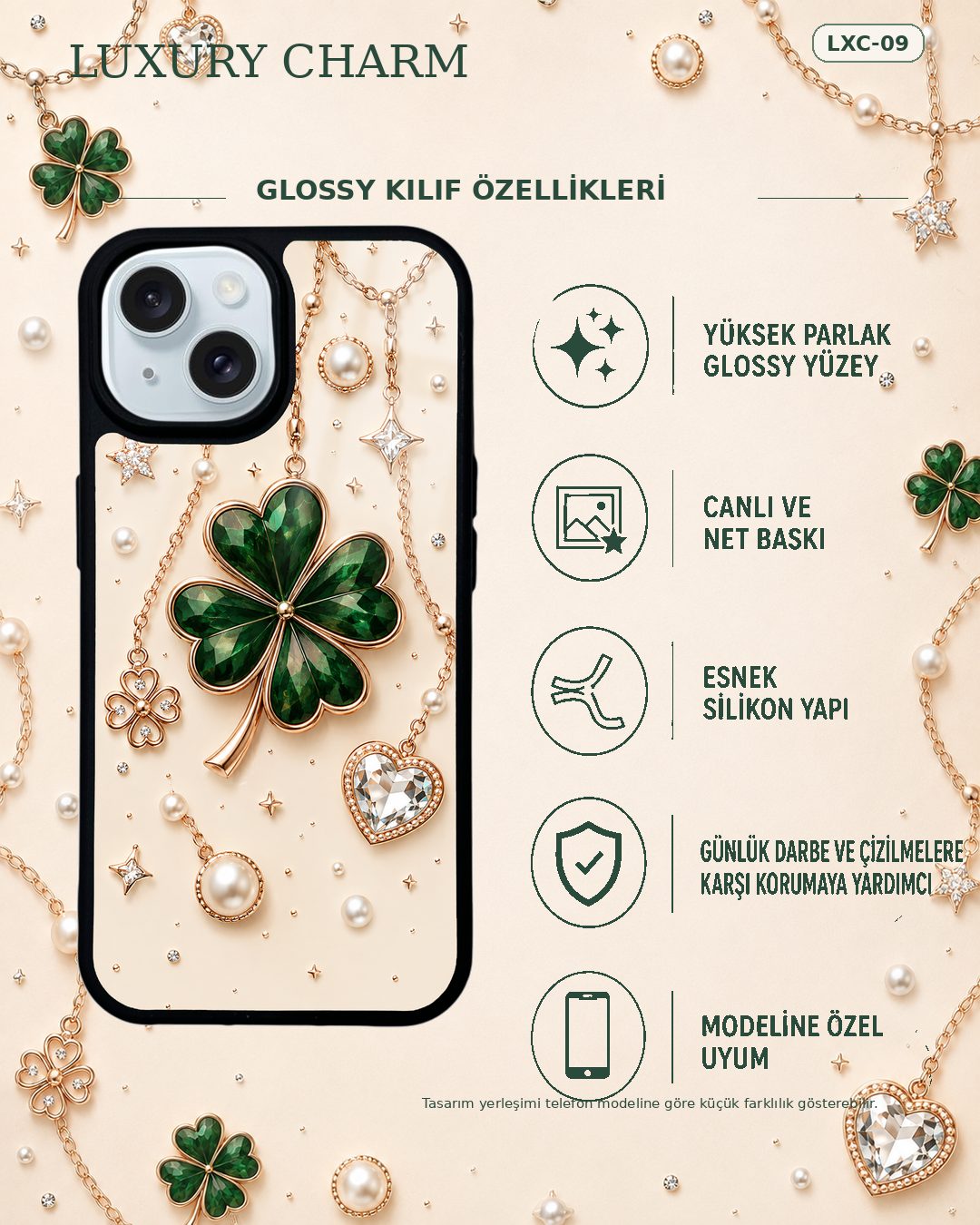 Krem Yonca Kolye takı desenli telefon kılıfı özellikleri