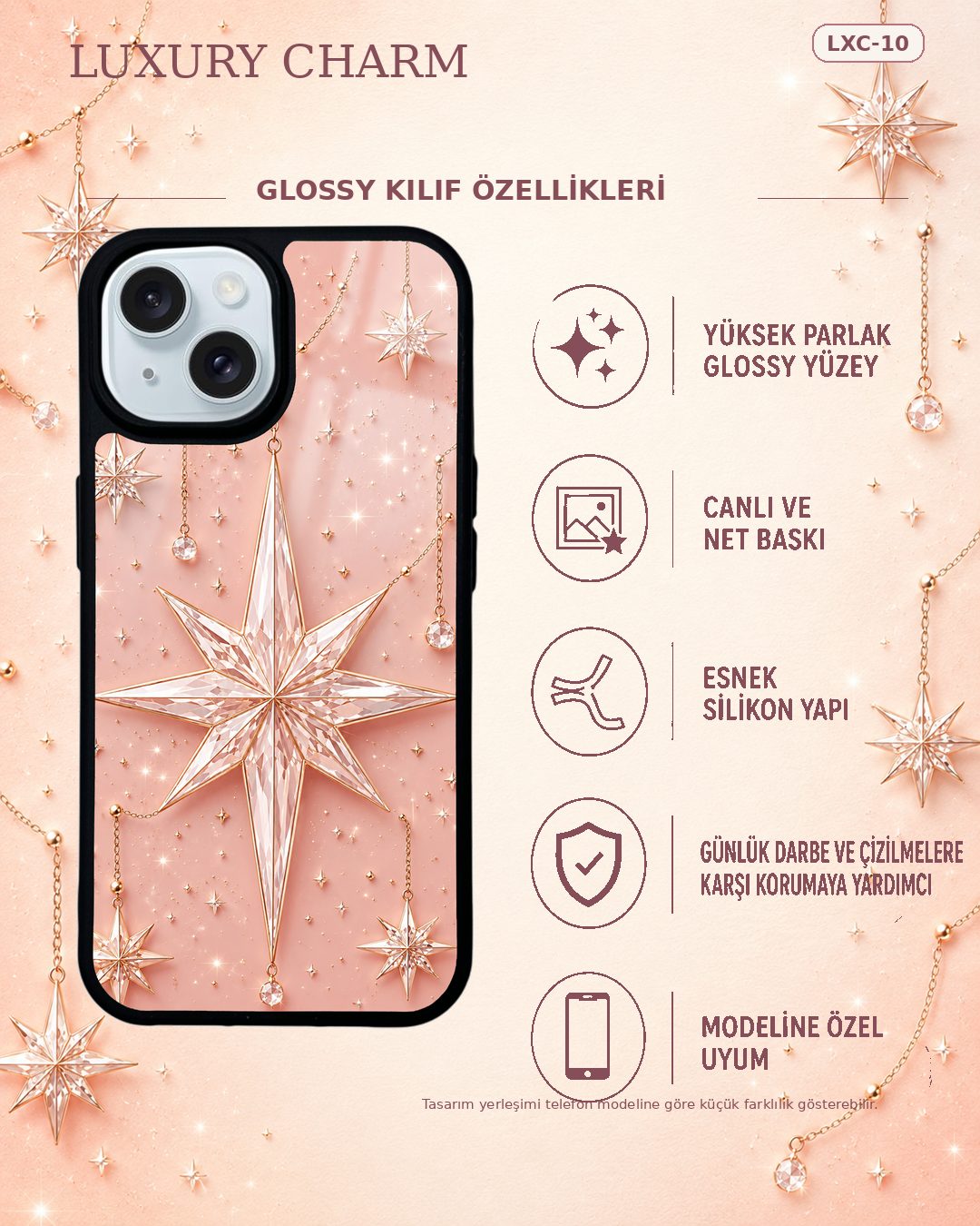 Pembe Yıldız takı desenli telefon kılıfı özellikleri