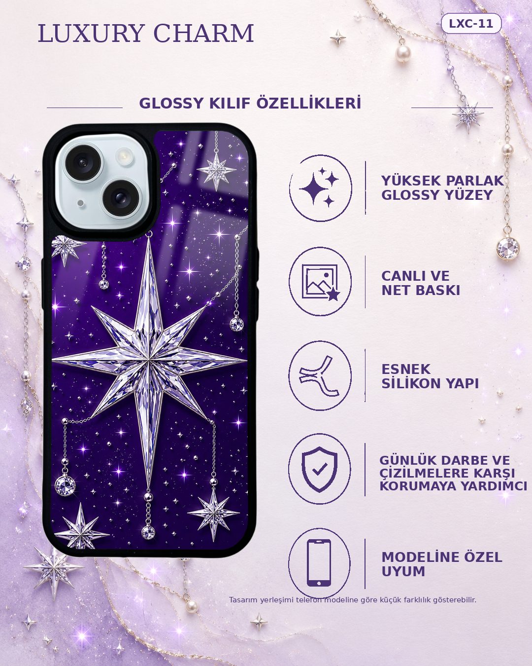 Mor Yıldız takı desenli telefon kılıfı özellikleri